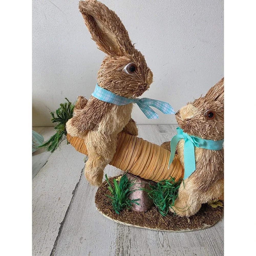 Vintage Pier 1 sisal rabbit bunny bottle‎ brush bristle carrot teeter totter